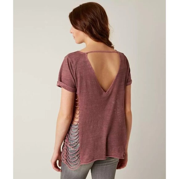 Gimmicks Exclusive Washed Mauve Raw Hem V-Neck Side Cutouts & Strappy Back Top - Picture 5 of 15